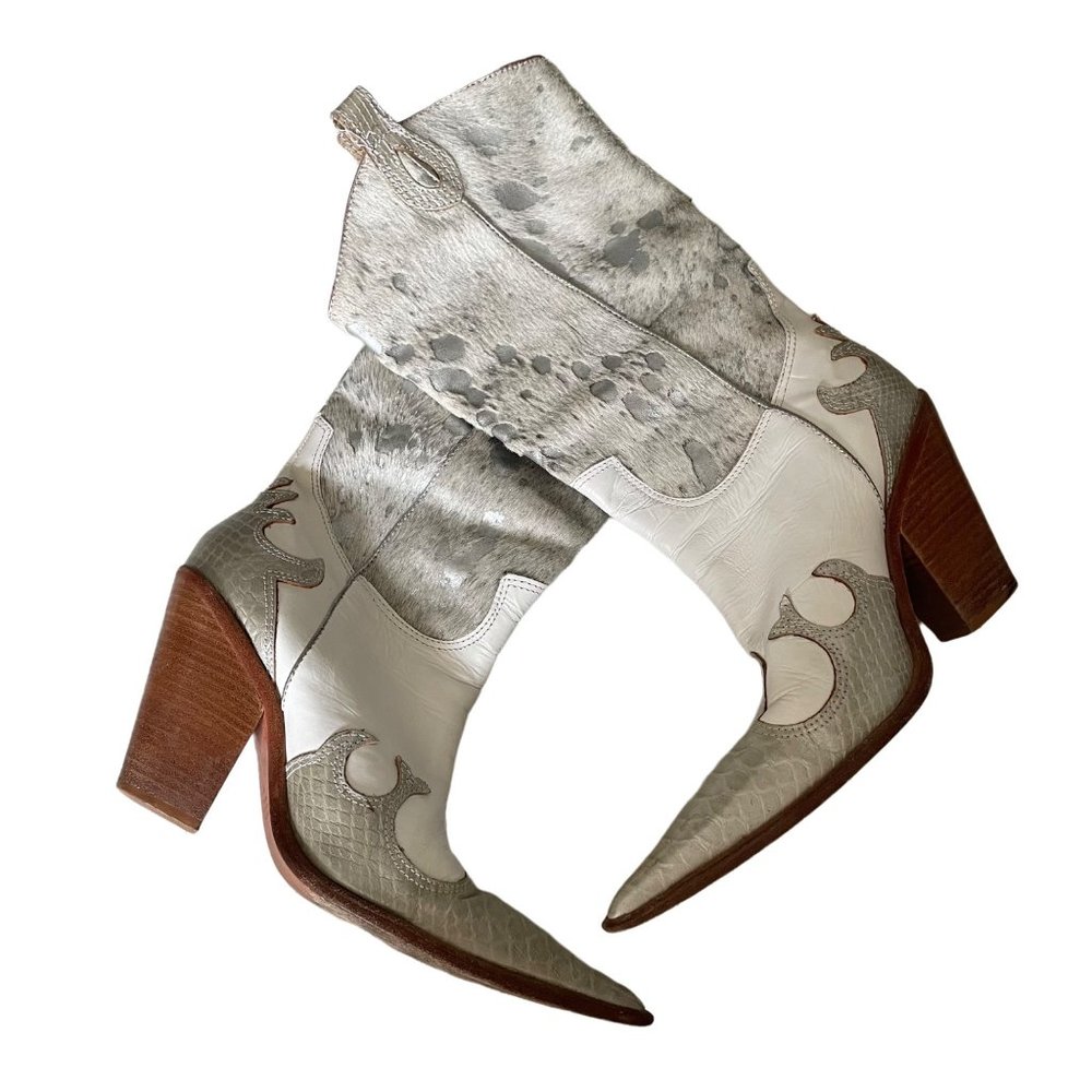 Para Raio Gray White Leather Pointed Toe Stacked Heel Western Cowgirl Boots 9